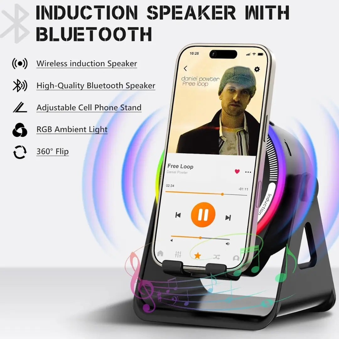 4-in-1 Wireless Induction Speaker with RGB Lights & Phone Stand | 360° Rotating Design